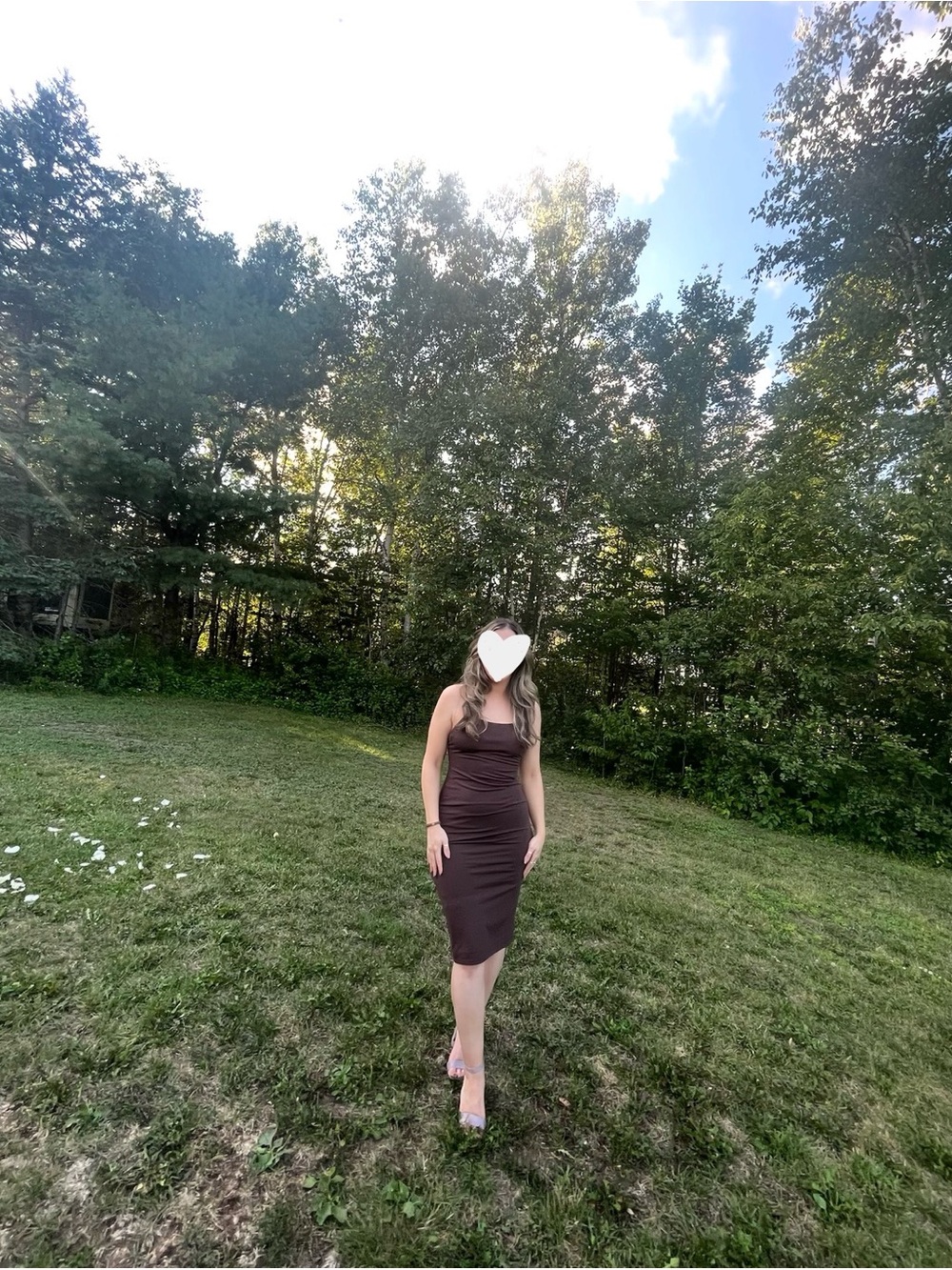 Babaton Open-Back Brown Bodycon Midi Dress with Spaghetti Straps